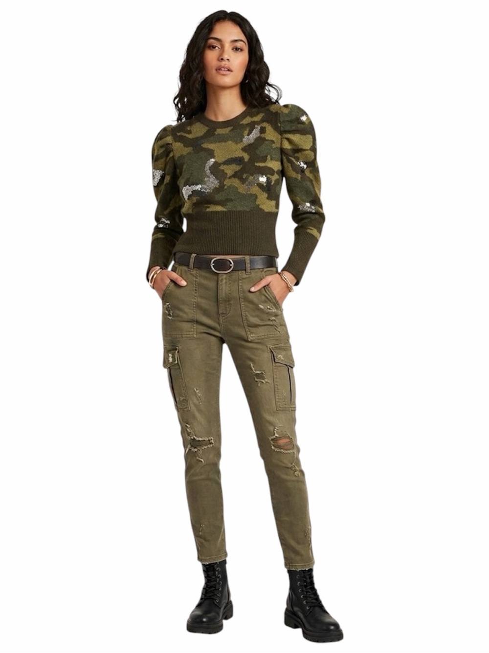 For the Republic camo sweater puff sleeves green shades  sequin details medium